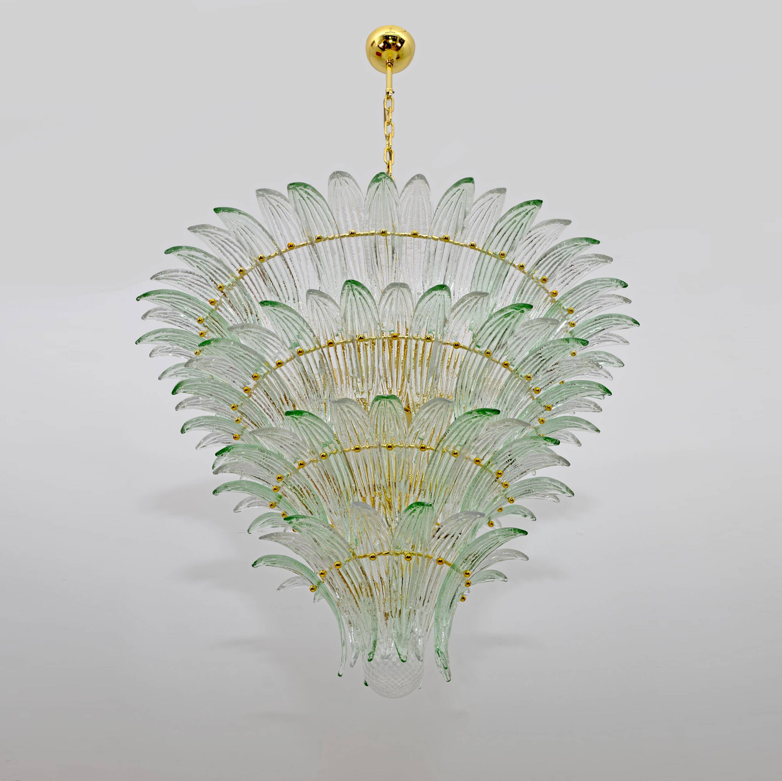 Mid-century Modern Italian Murano Glass and Brass Palmette Chandelier