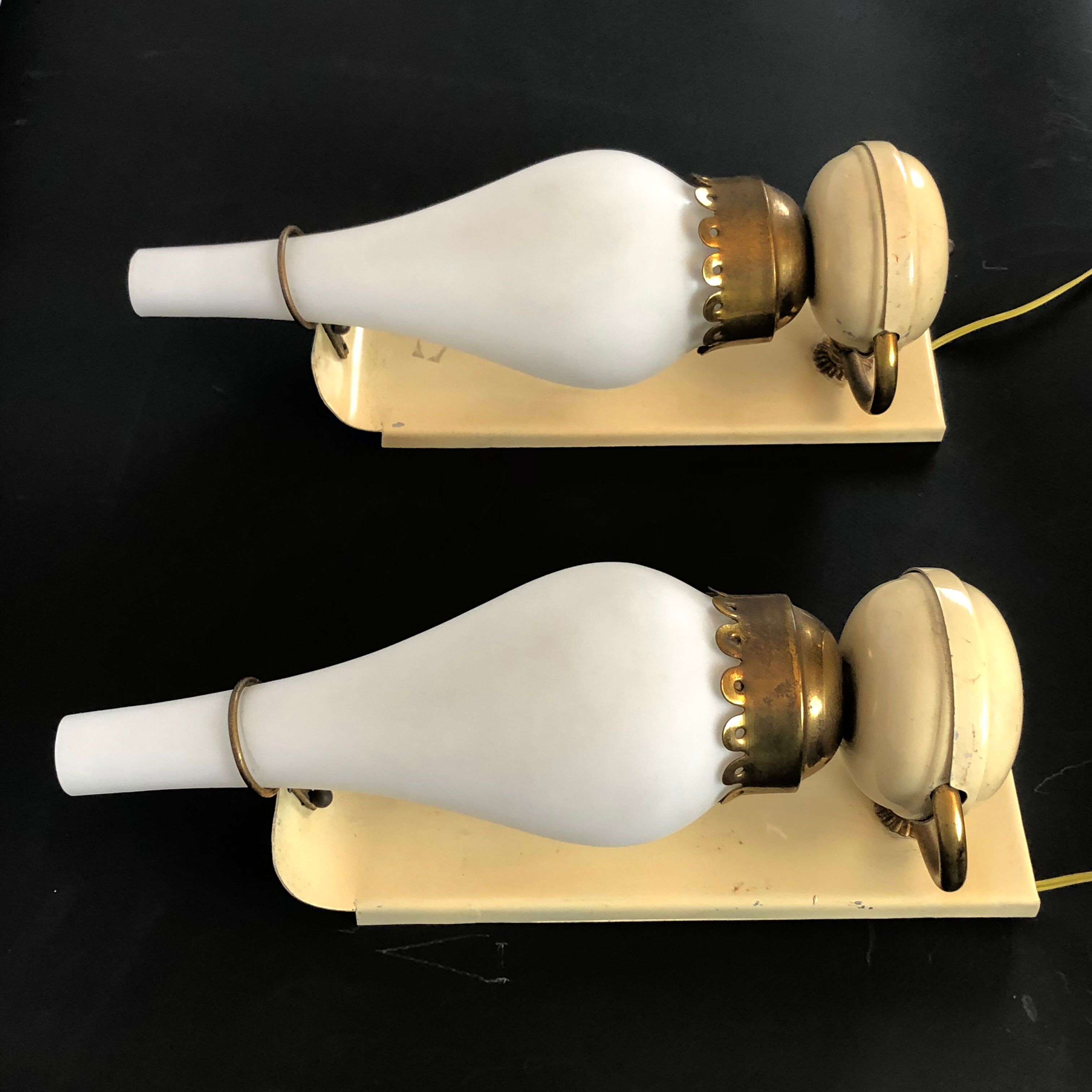 Vintage Italian brass, lacquer and opaline glass sconces from 50s. Set of two