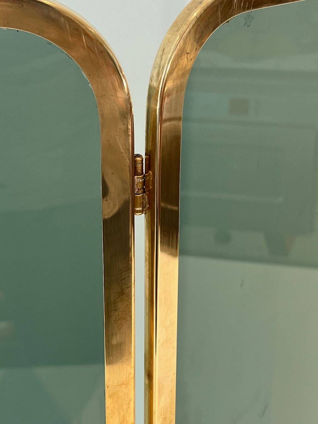 Three-Panel Folding Fire Screen in Tinted Green Glass with Brass Frame
