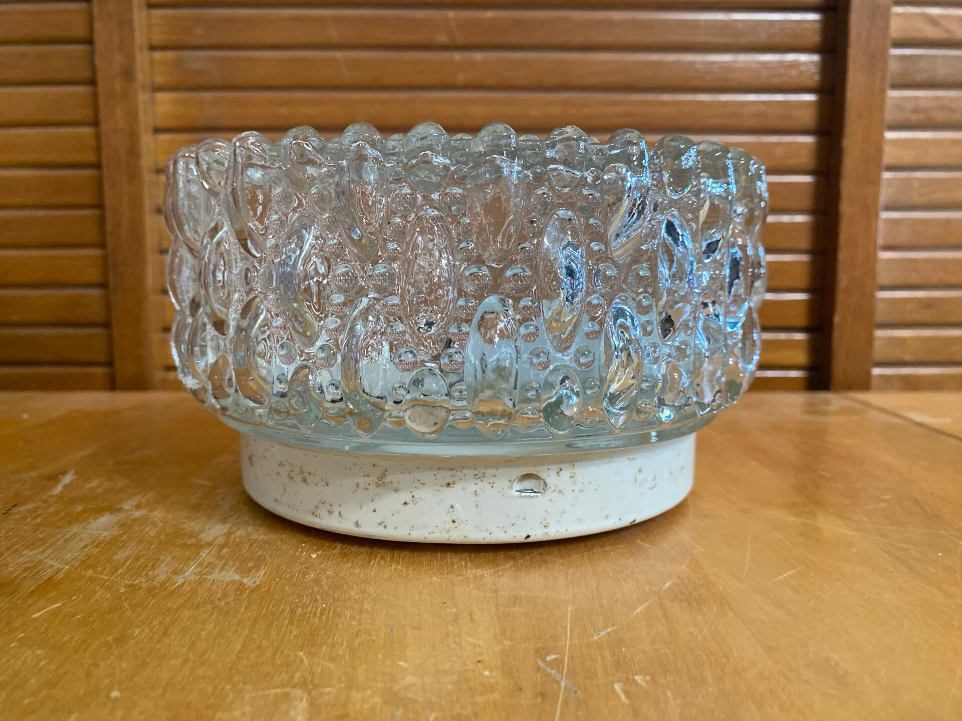 Vintage Ceiling Light Fixture with Moulded Glass + White Metal Support Mid-Century