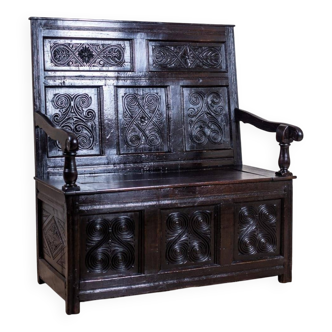 Antique Renaissance Revival Oak Bench, 1890s