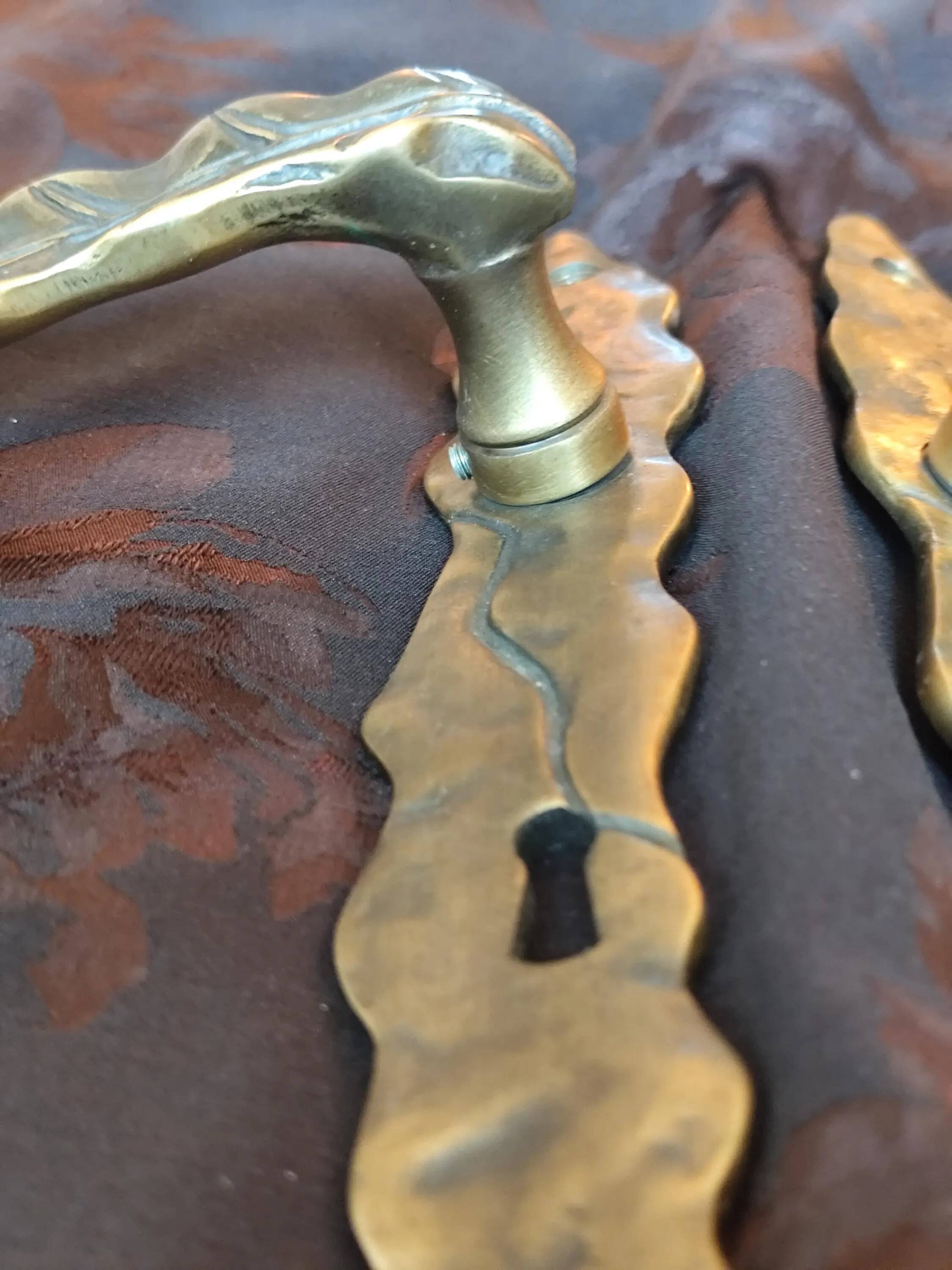 Pair of brass door handles with their cover plates