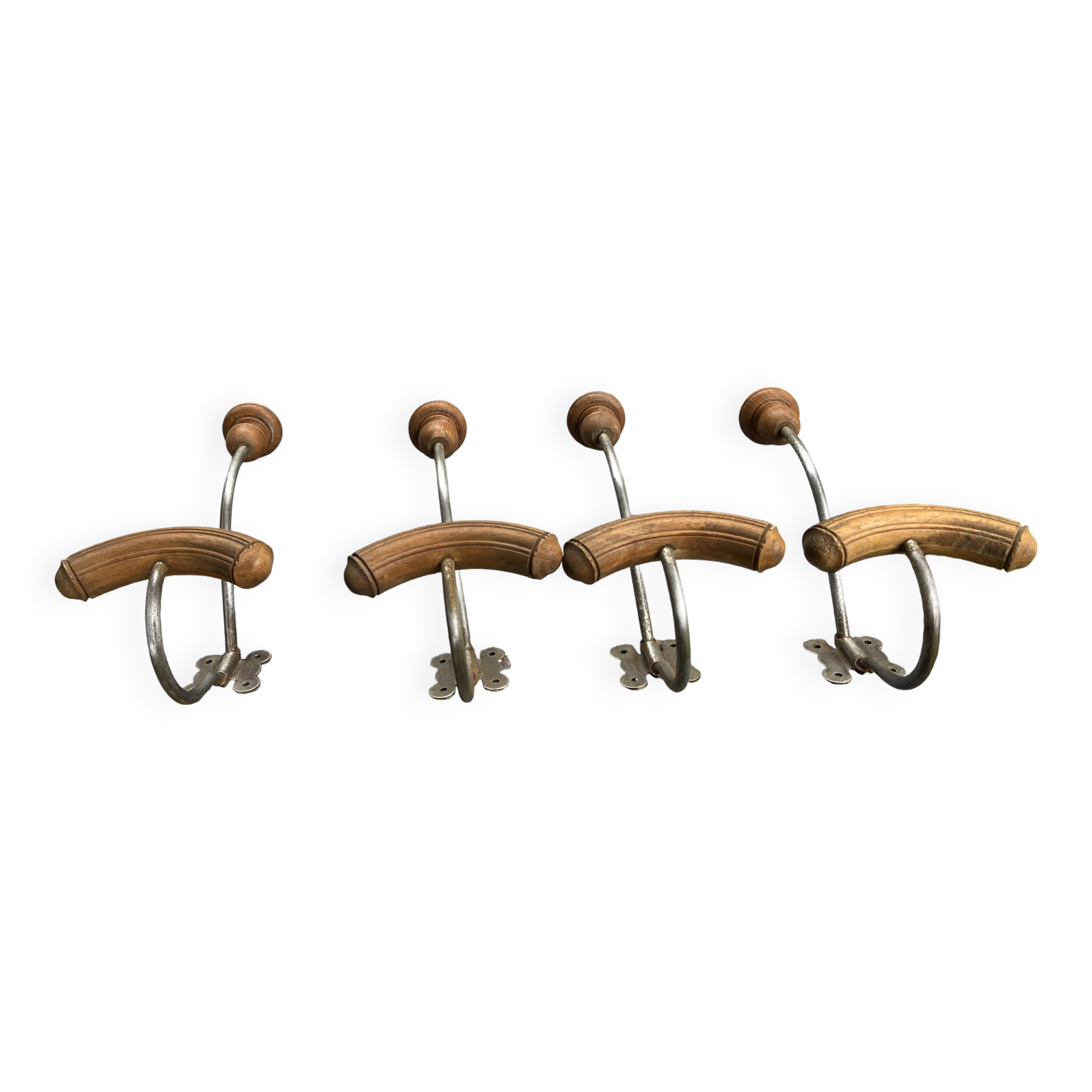 Set of 4 wooden and iron coat hooks from the 60s