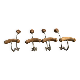 Set of 4 wooden and iron coat hooks from the 60s