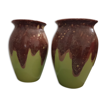 Deux vases vert et chocola vintage, années 60