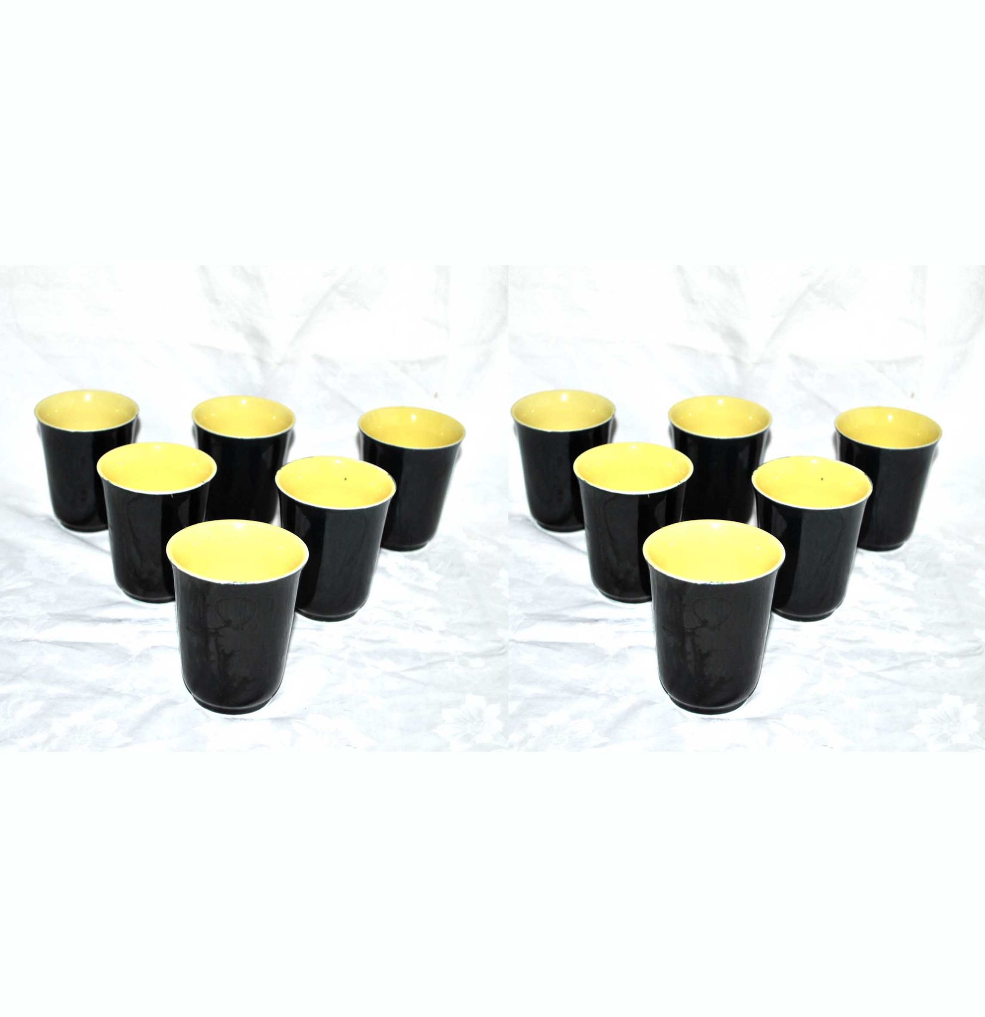 12 glasses in black and yellow ceramic