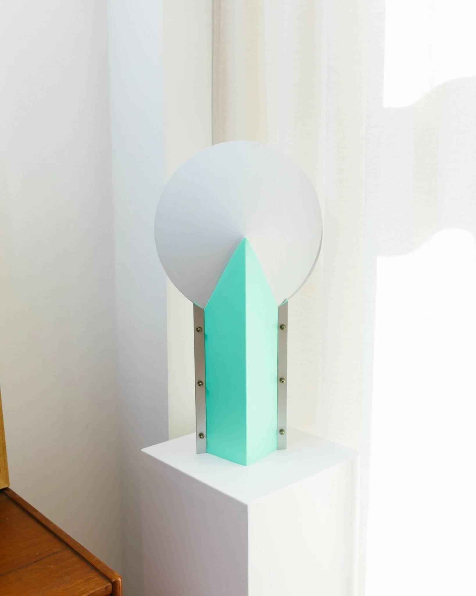 Mint green metal table lamp Slamp Moon by Samuel Parker with white disc shade, vintage 1990s design