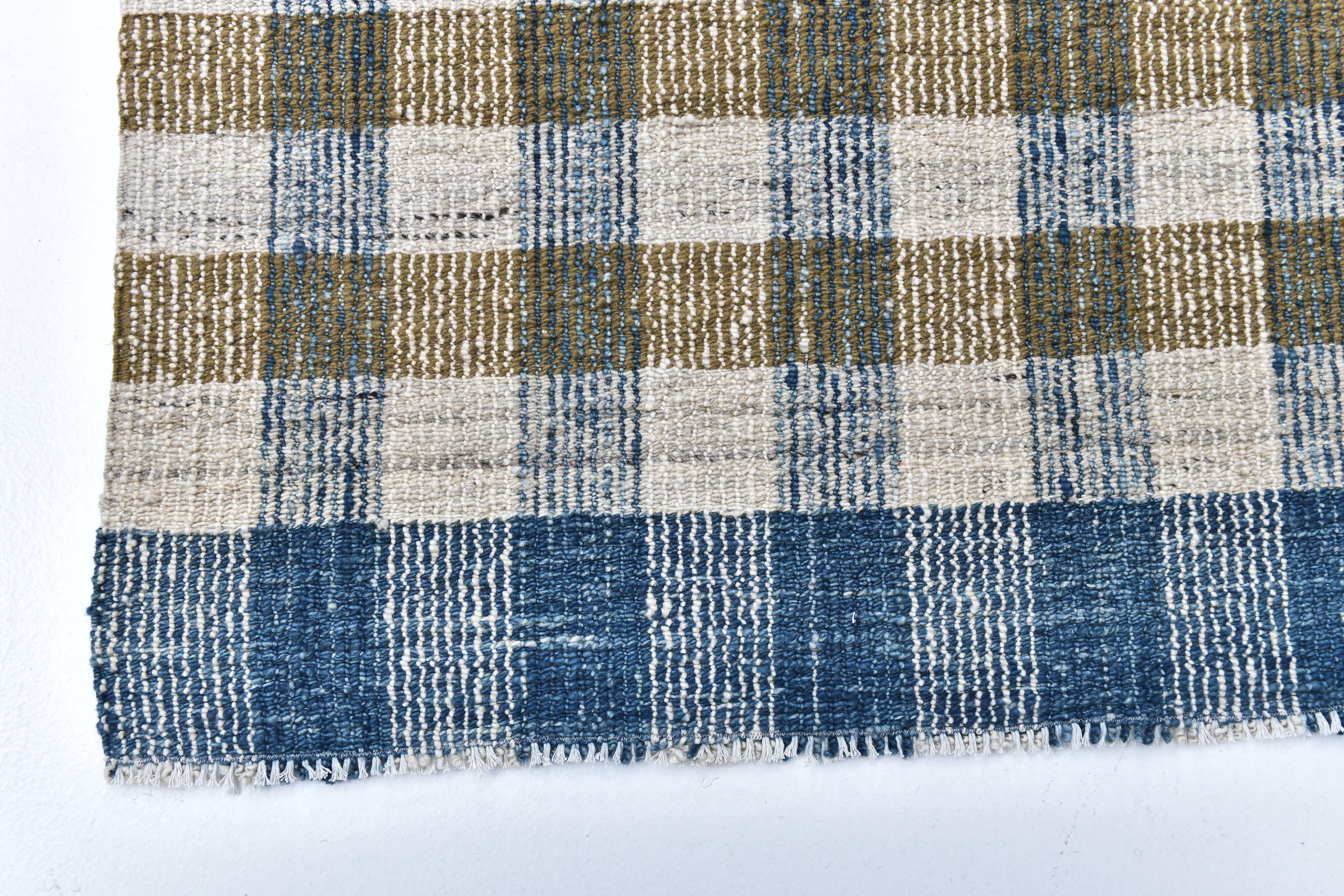 scandinavian kilim 290x190 cm , blue beige and  mustard colour.