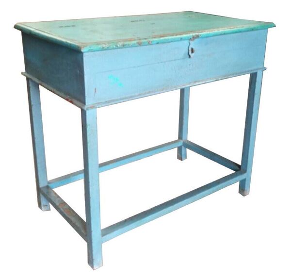 Console table bureau bleu pupitre avec rangement bois teck