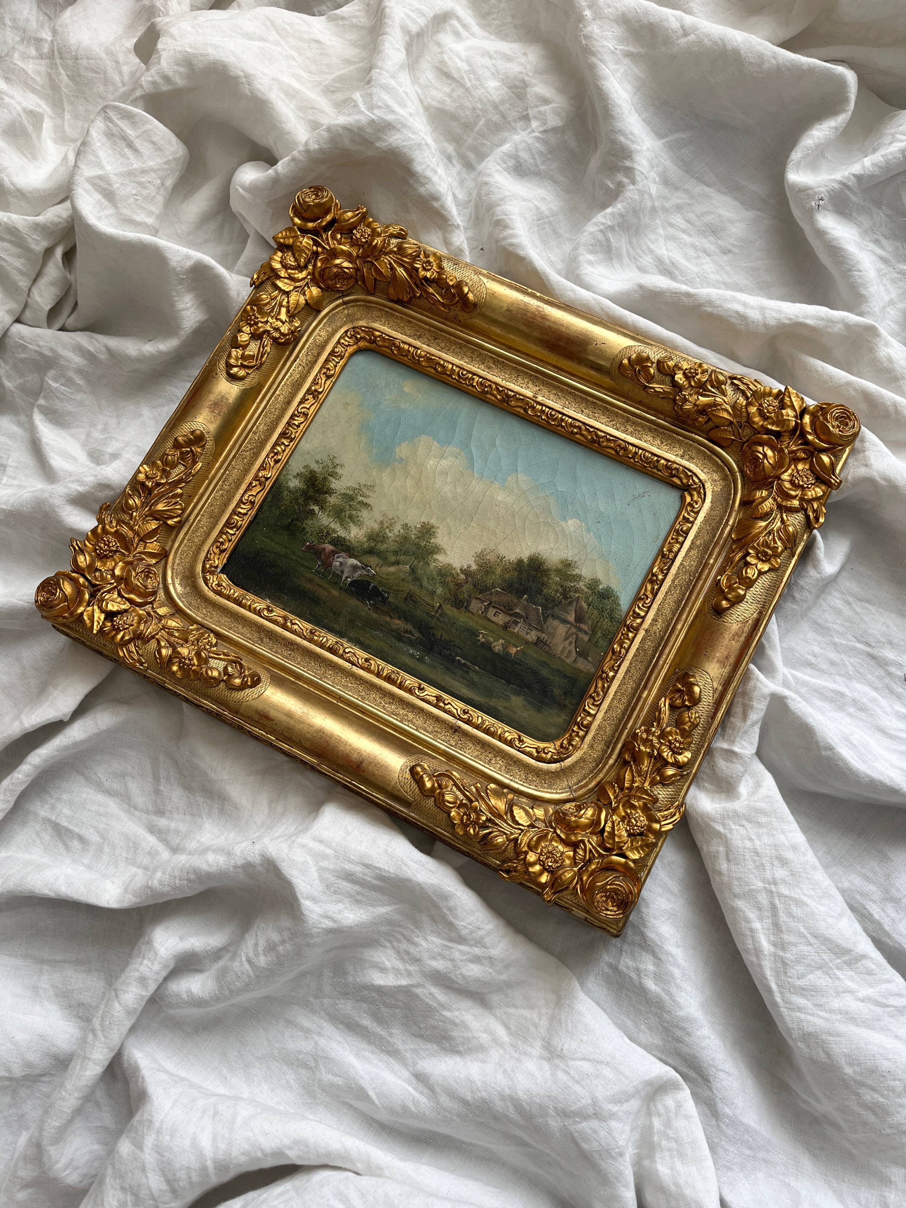 Old oil painting on canvas countryside landscape 19th