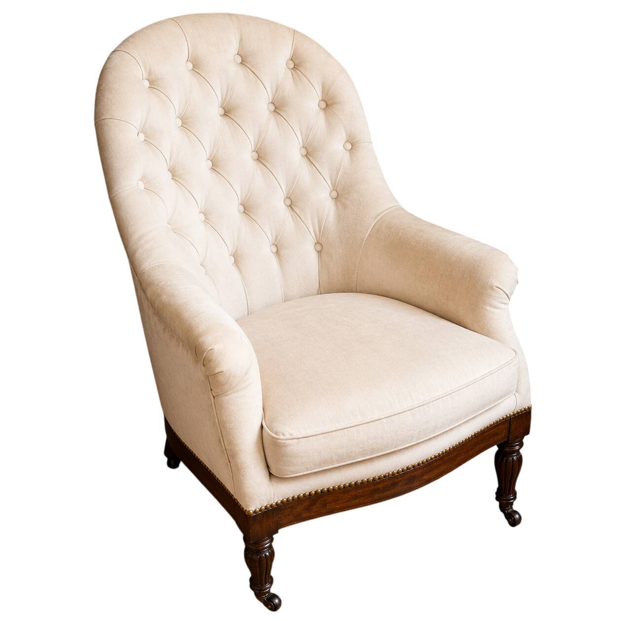 Cabriolet armchair in mahogany, Napoleon III period, tufted fabric, 19th century.