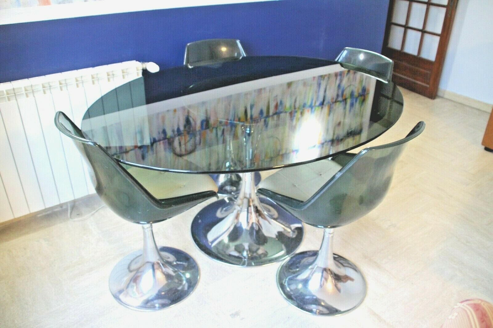 1960s Roche-Bobois set table + glass + 4 chairs, Tulip feet