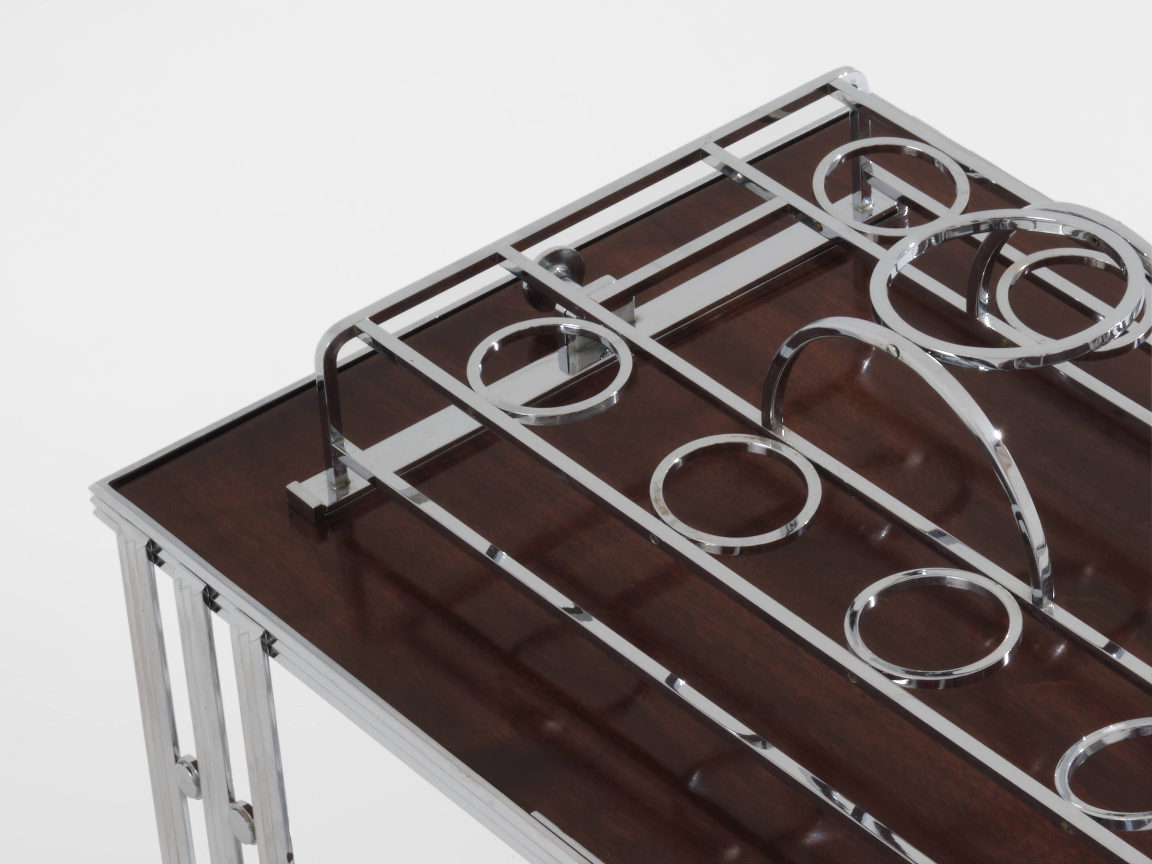 Modernist Art Deco walnut and nickel-plated metal bar table circa 1930