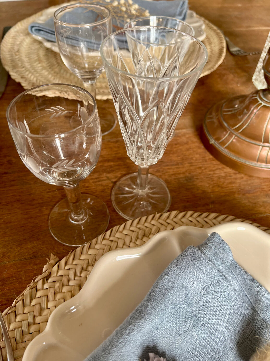 Set of three Reims crystal flutes 1950