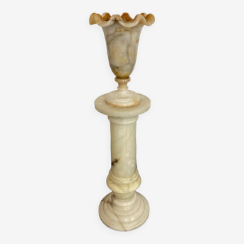 Vintage Spanish Alabaster Pedestal Column with Original Vase, 1970s, Set of 2