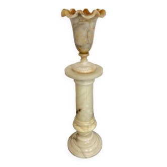 Vintage Spanish Alabaster Pedestal Column with Original Vase, 1970s, Set of 2