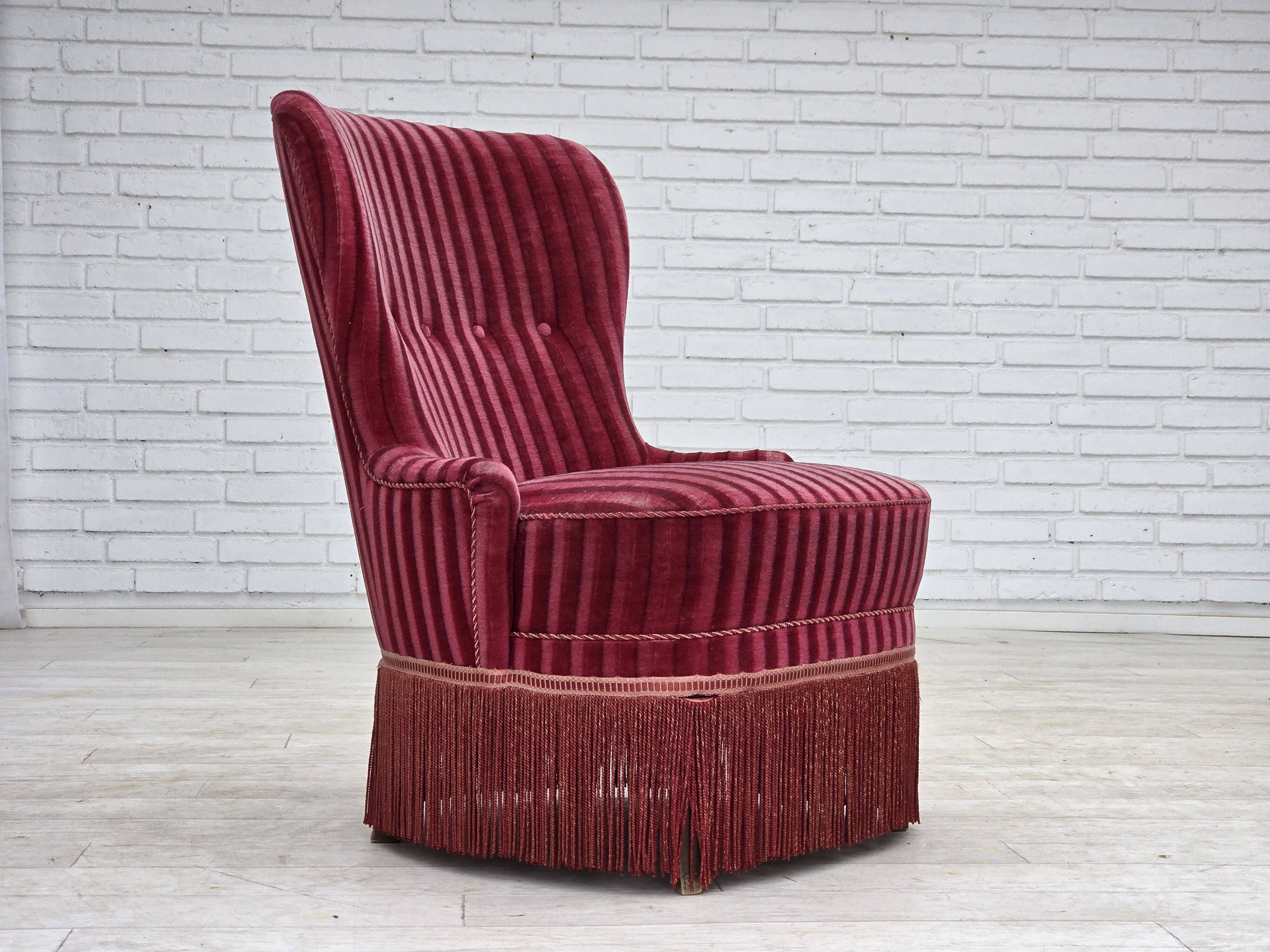 1960s, Danish armchair, original striped red furniture velour.