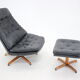 Madsen and Schubell Black Leather Reclining Chair and Stool, Denmark 1960