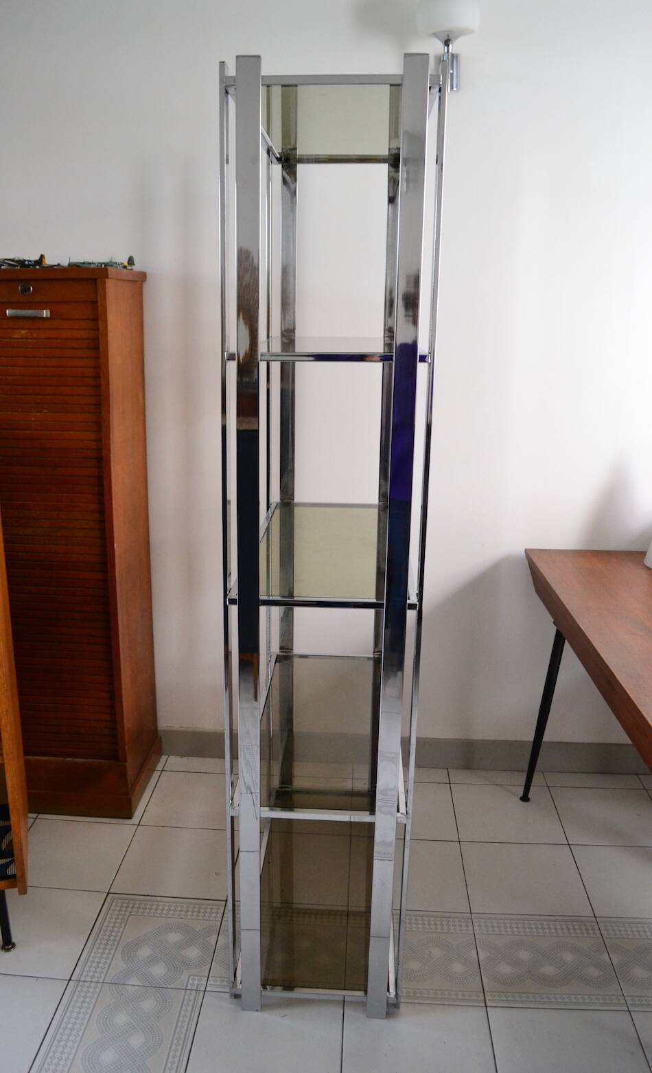 1970s smoked glass chrome bookshelf
