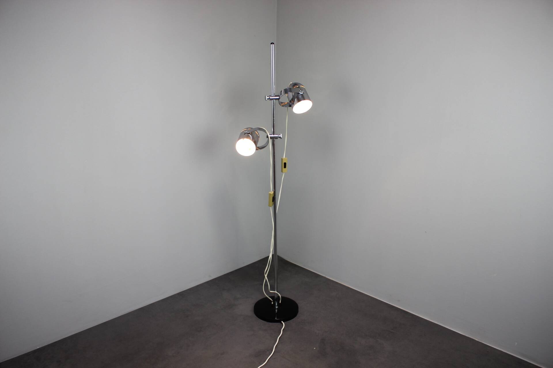Adjustable double spotlight floor lamp "Stanislav Indra Chrome", Czechoslovakia
