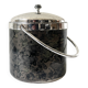 Vintage chrome metal ice bucket with black marbled design, 1970s style.