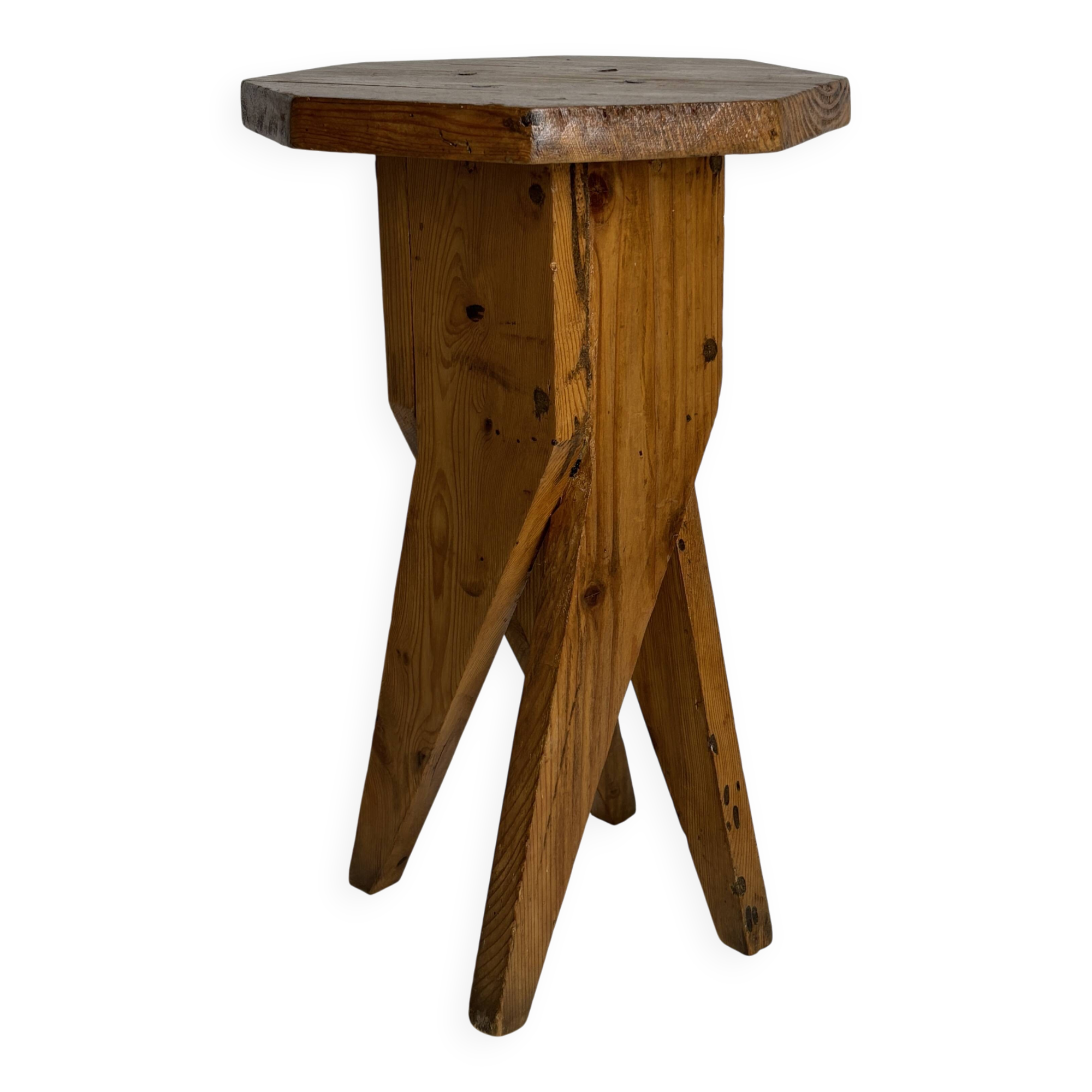 Midcentury brutalist artisanal rustic handcrafted stool, France 1960s