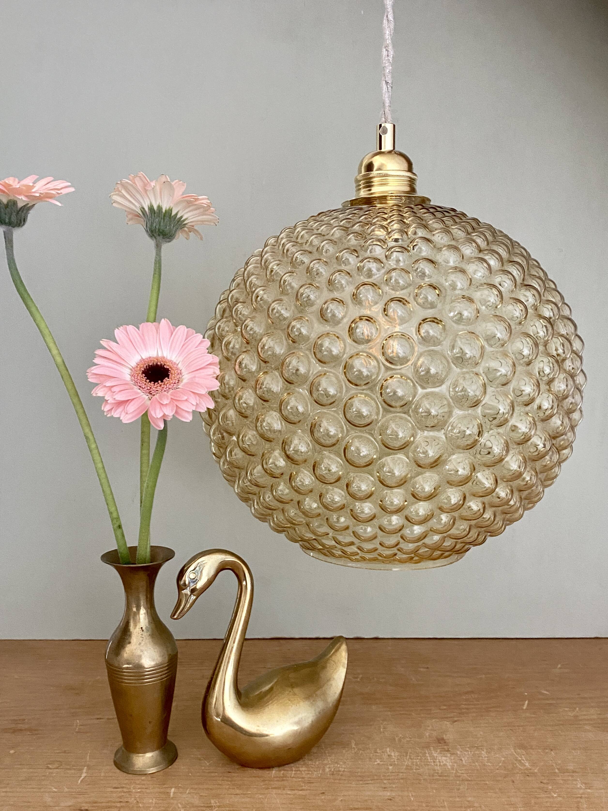 XXL vintage bubbled amber glass globe pendant light
