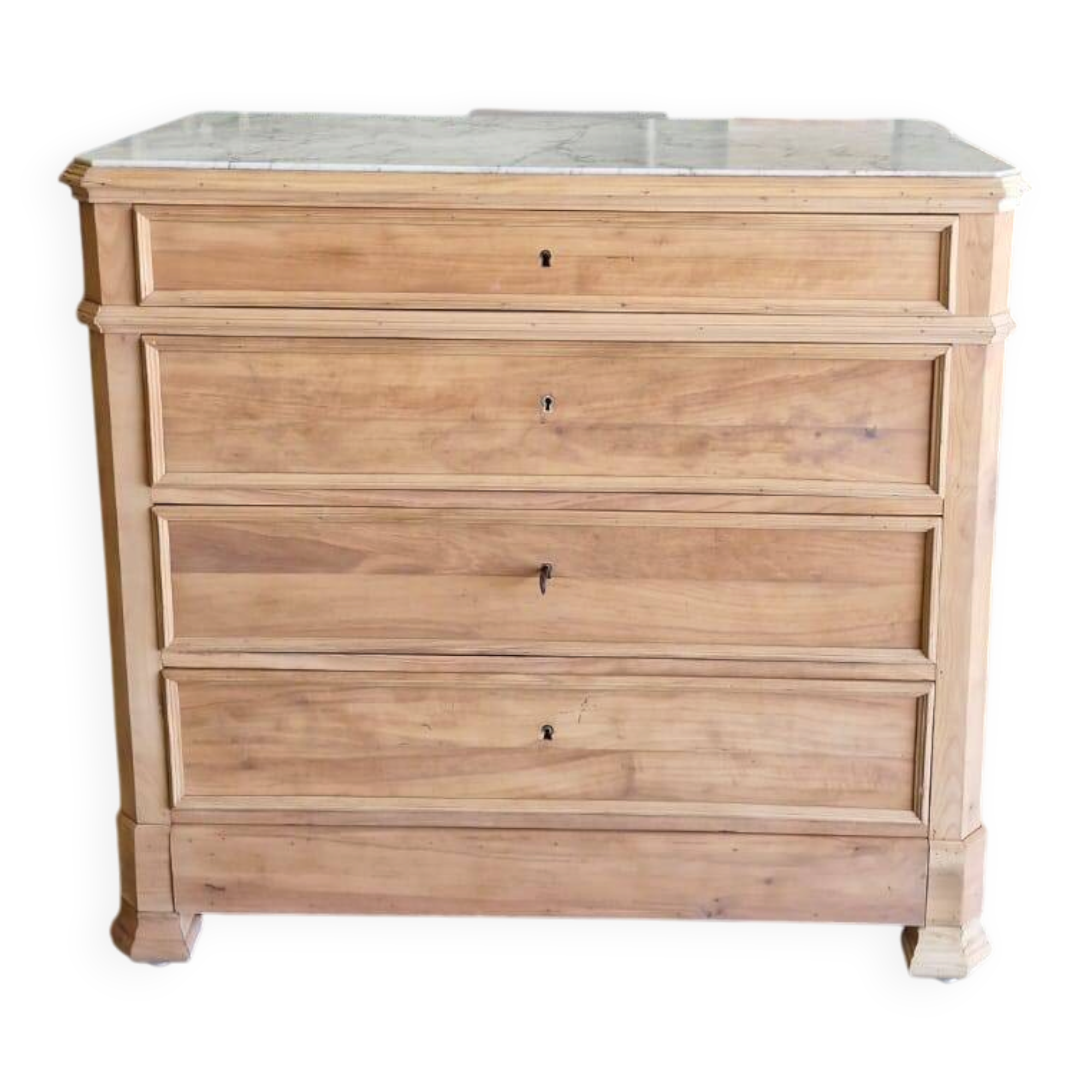 Walnut chest of drawers with white marble.