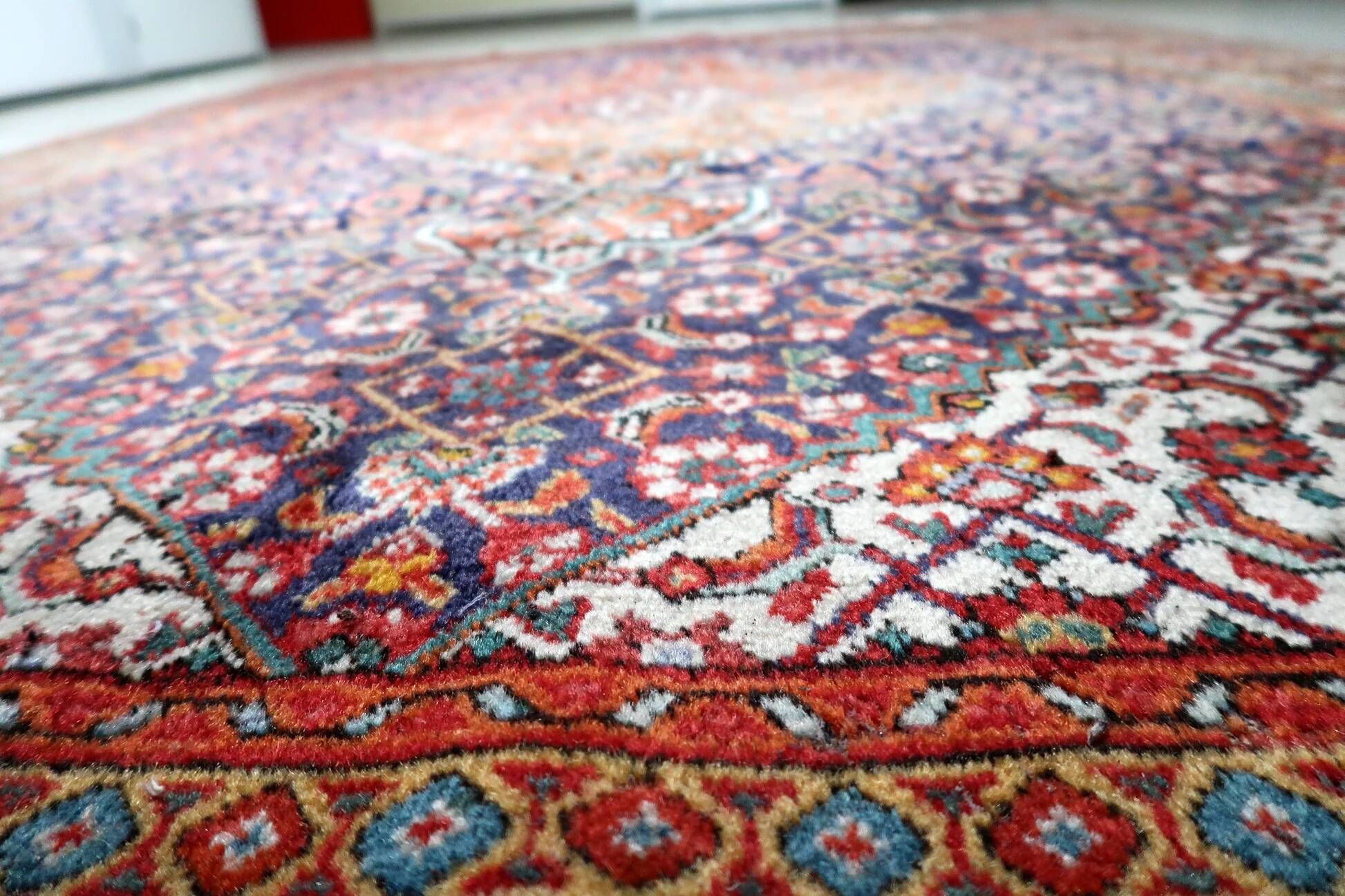 1940s vintage wool medallion rug, red and navy, 206 × 320 cm