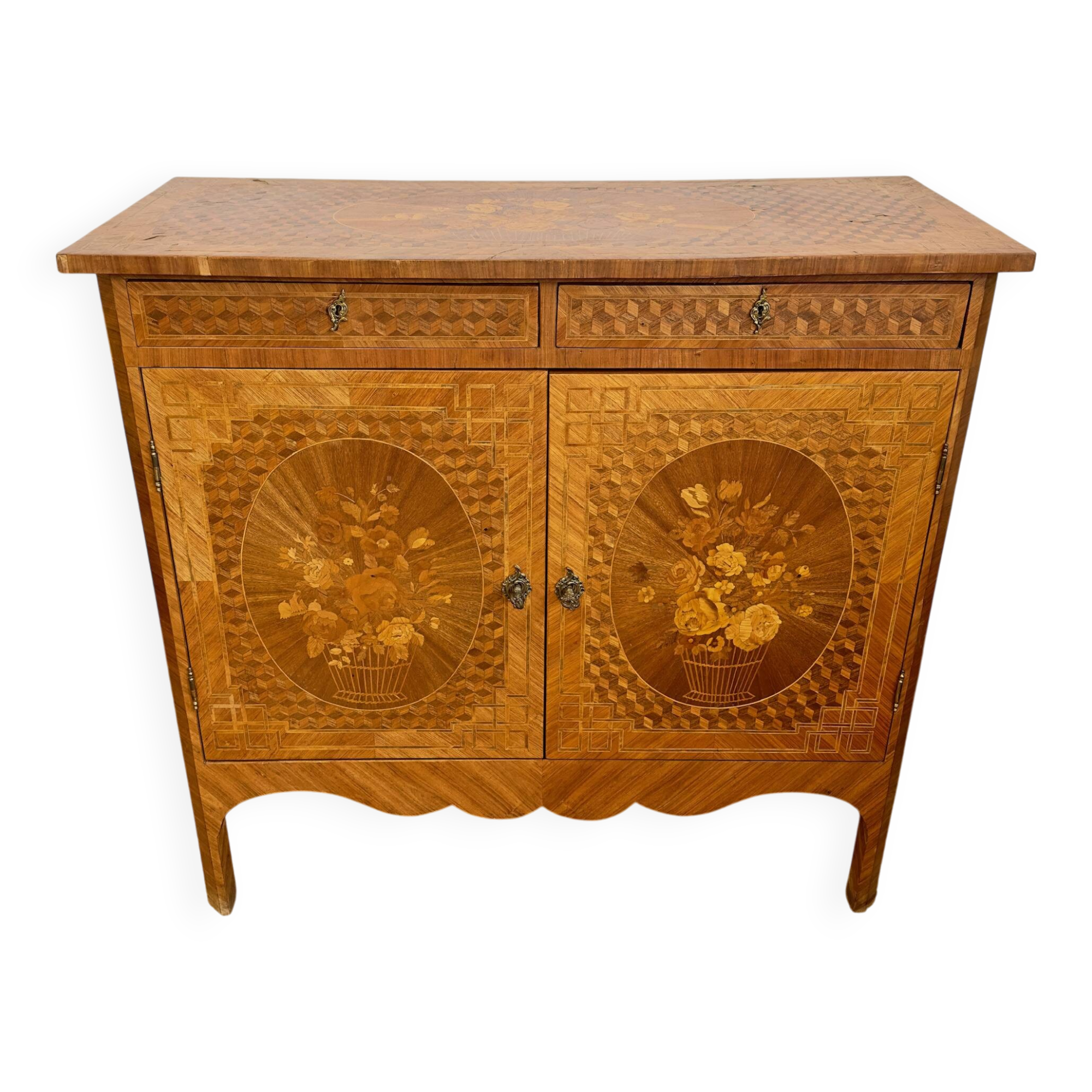 Commode en bois marqueté – Décor floral
