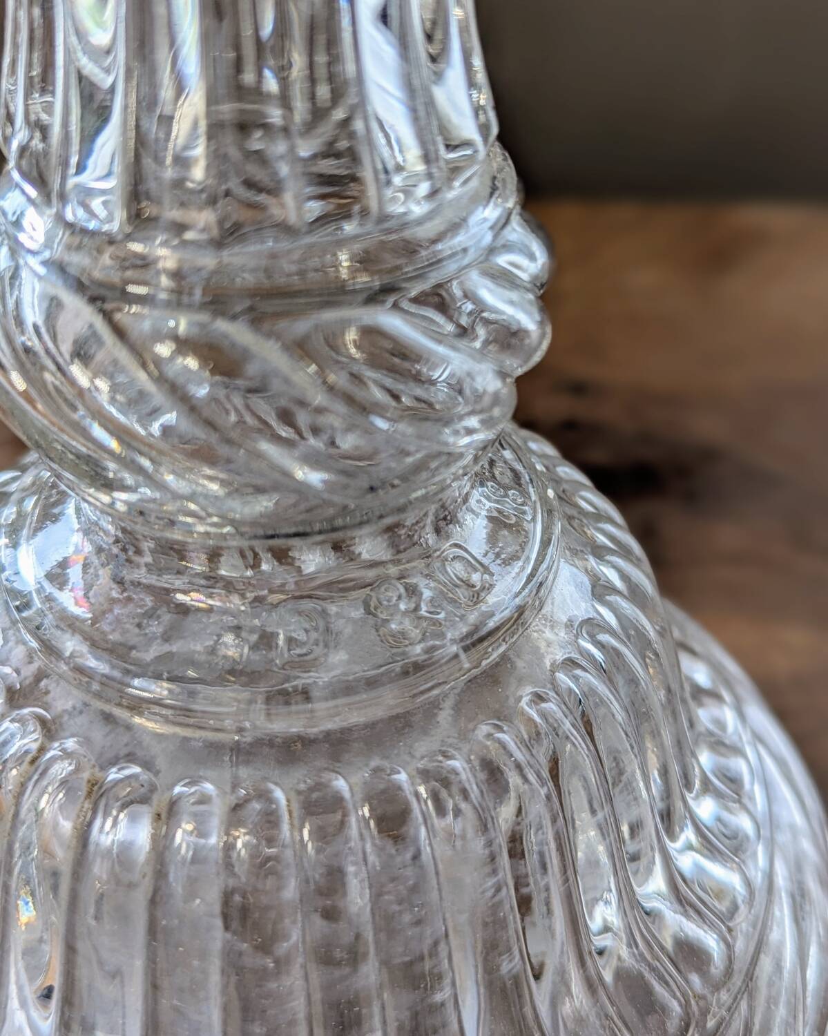 Legras candlestick in molded glass with faces in relief, vintage carafe