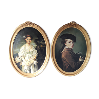 Lot of 2 oil painting paintings representing a couple