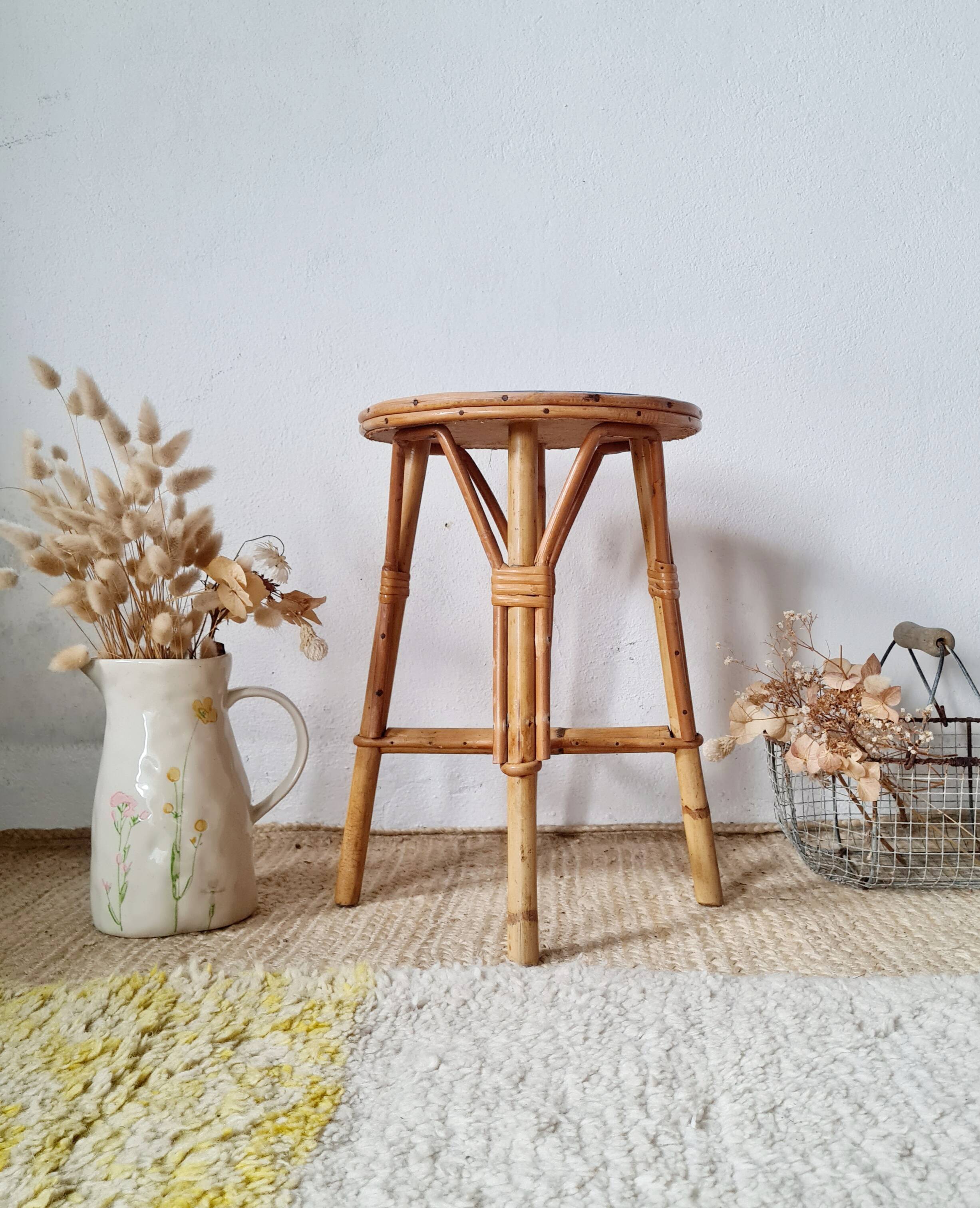 Rattan stool - round painted top in Klein blue