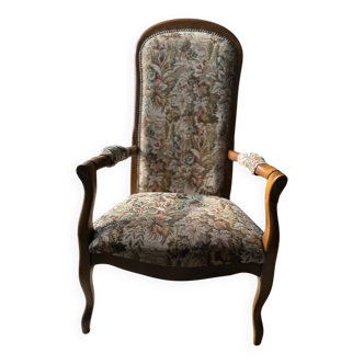 Fauteuil tapissé à motif floral – Structure bois sculpté – Vintage