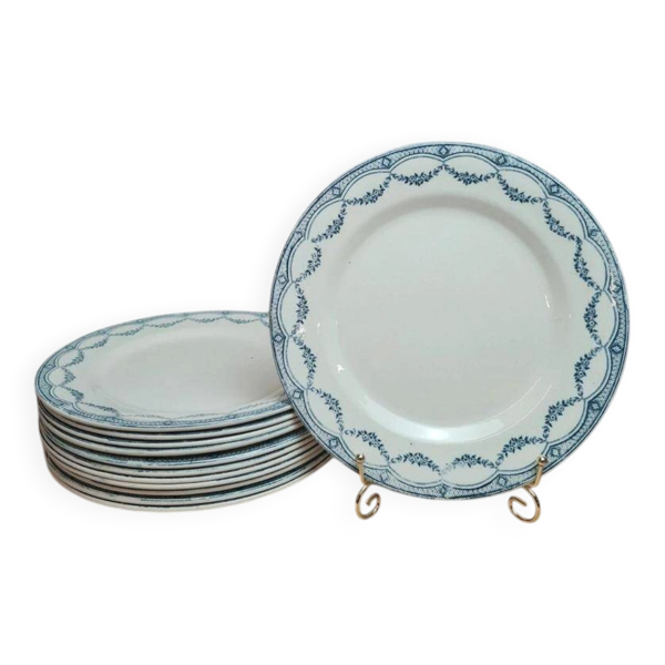 Lot de 12 assiettes plates anciennes Salins « Petit Trianon » en terre de fer bleu