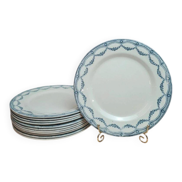 Lot de 12 assiettes plates anciennes Salins « Petit Trianon » en terre de fer bleu