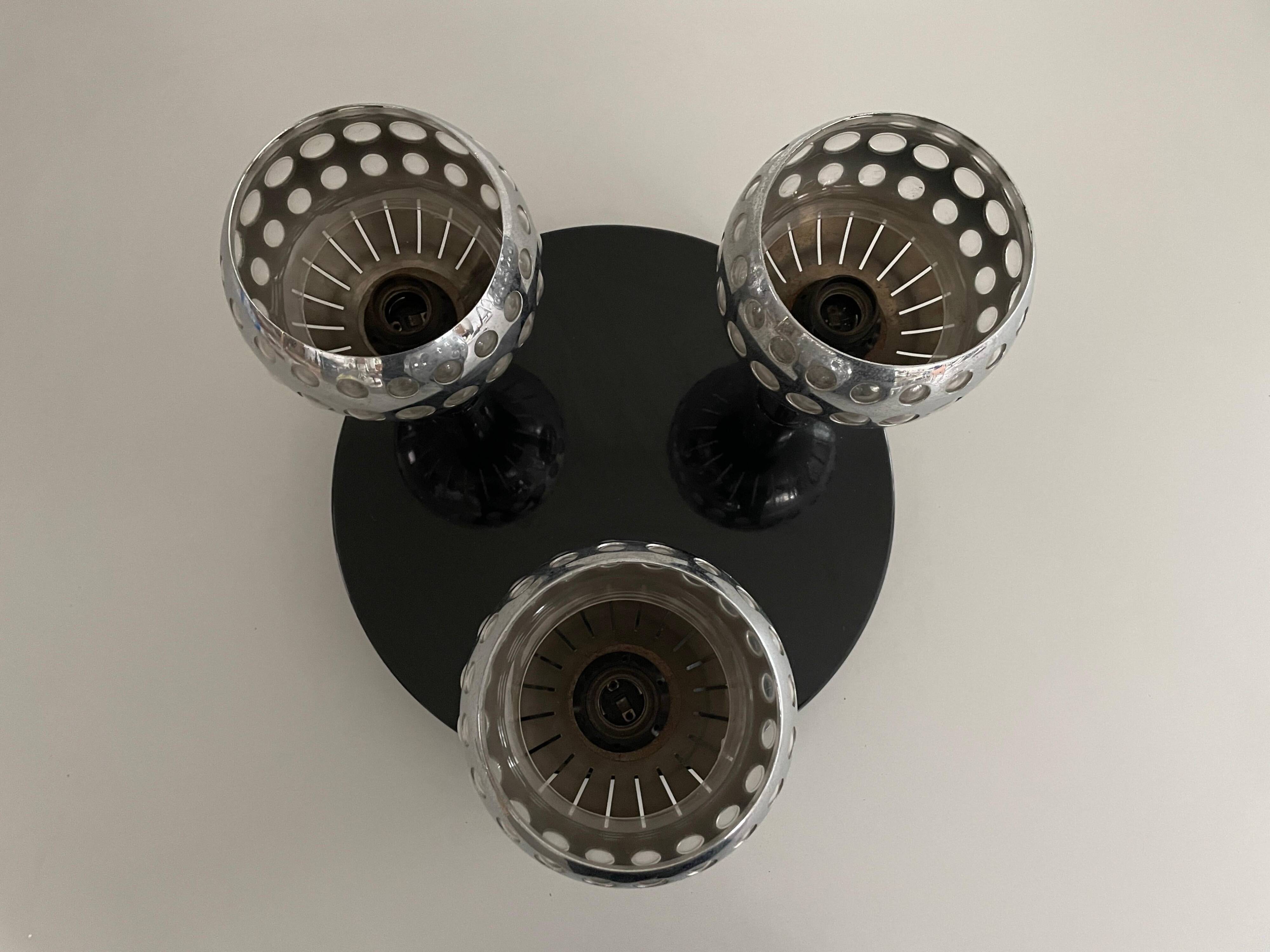 Mid-century ceiling light with 3 shades and wooden base, 1960s, Italy.