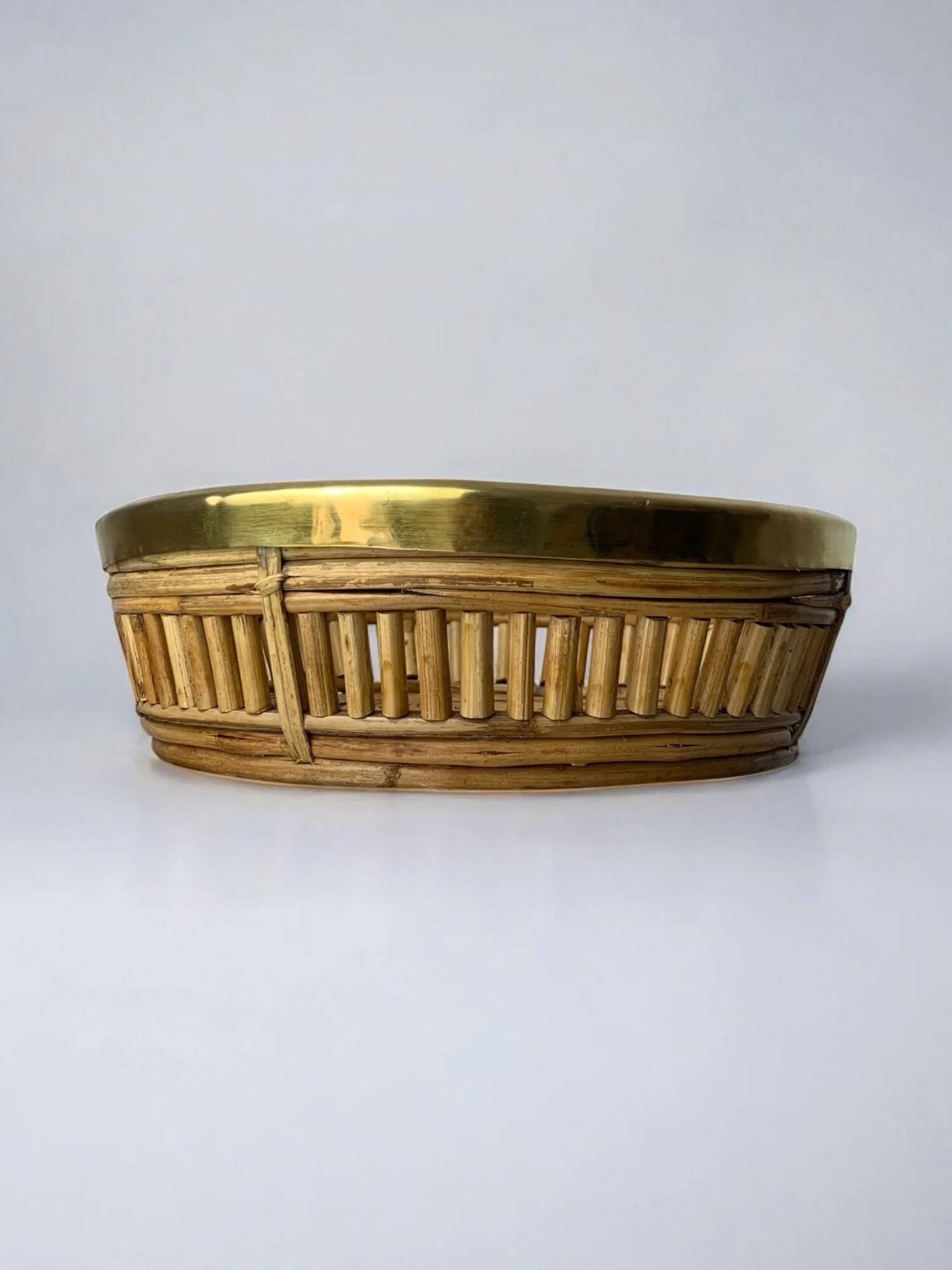Circular rattan and brass basket, Italy, 1970