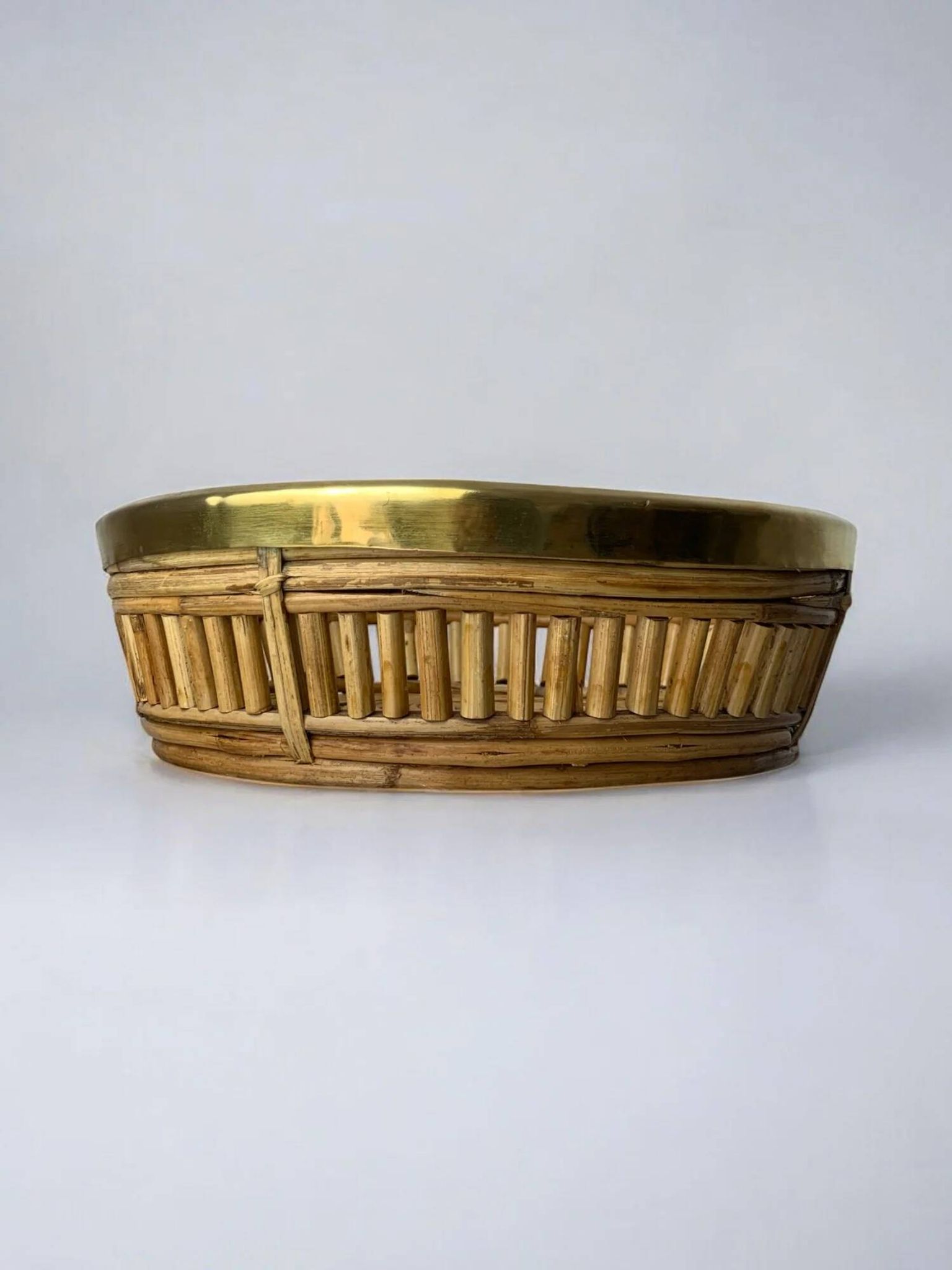 Circular rattan and brass basket, Italy, 1970