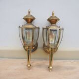 2 antique carriage lantern wall lights in brass & glass