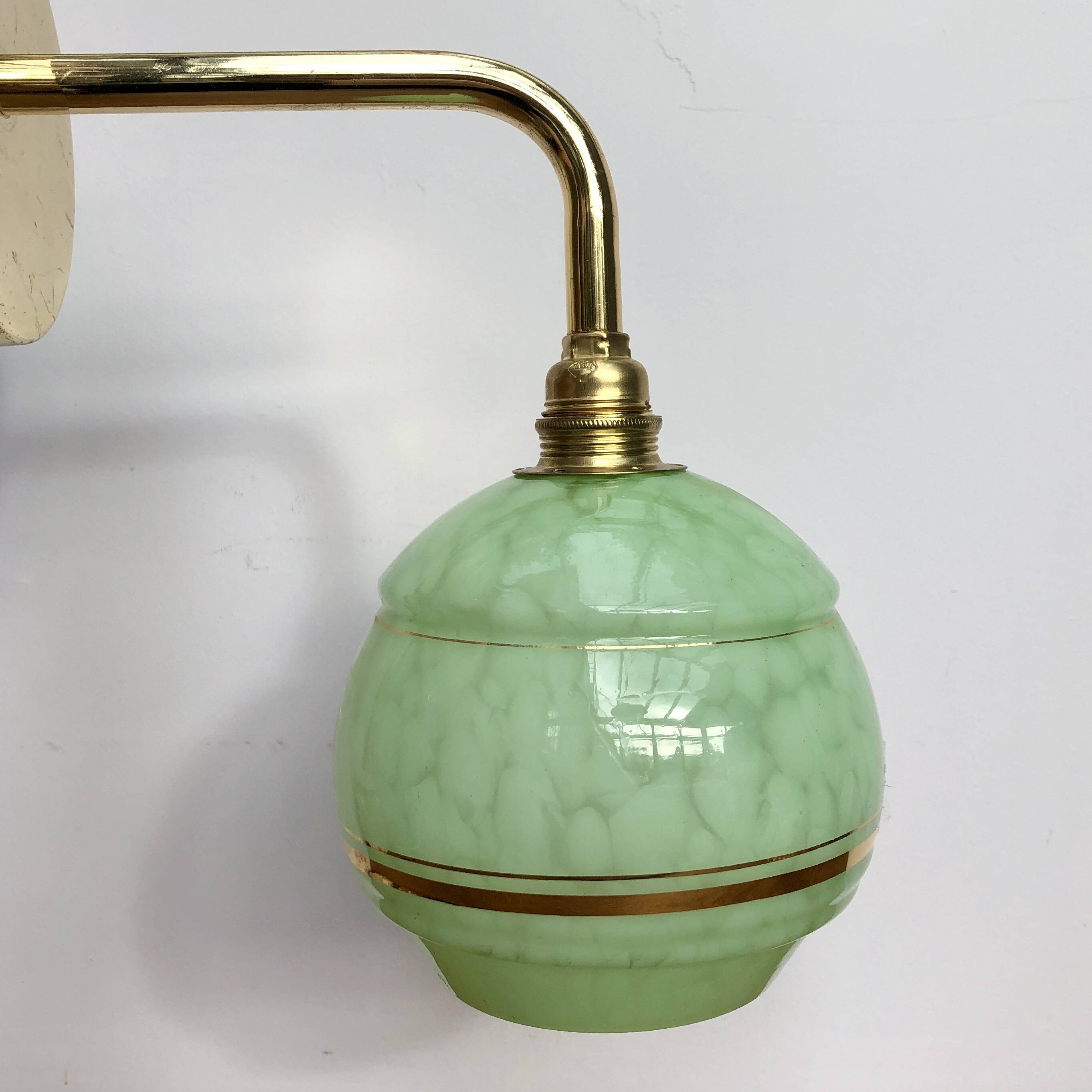 Vintage tulip wall lamp in mint green and gold Clichy glass