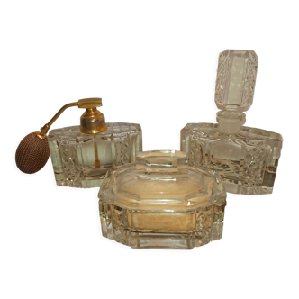 2 empty perfume bottles and 1 crystal powder maker chiseled france art nouveau 20's