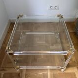2 side tables in plexiglass, glass, and brass.