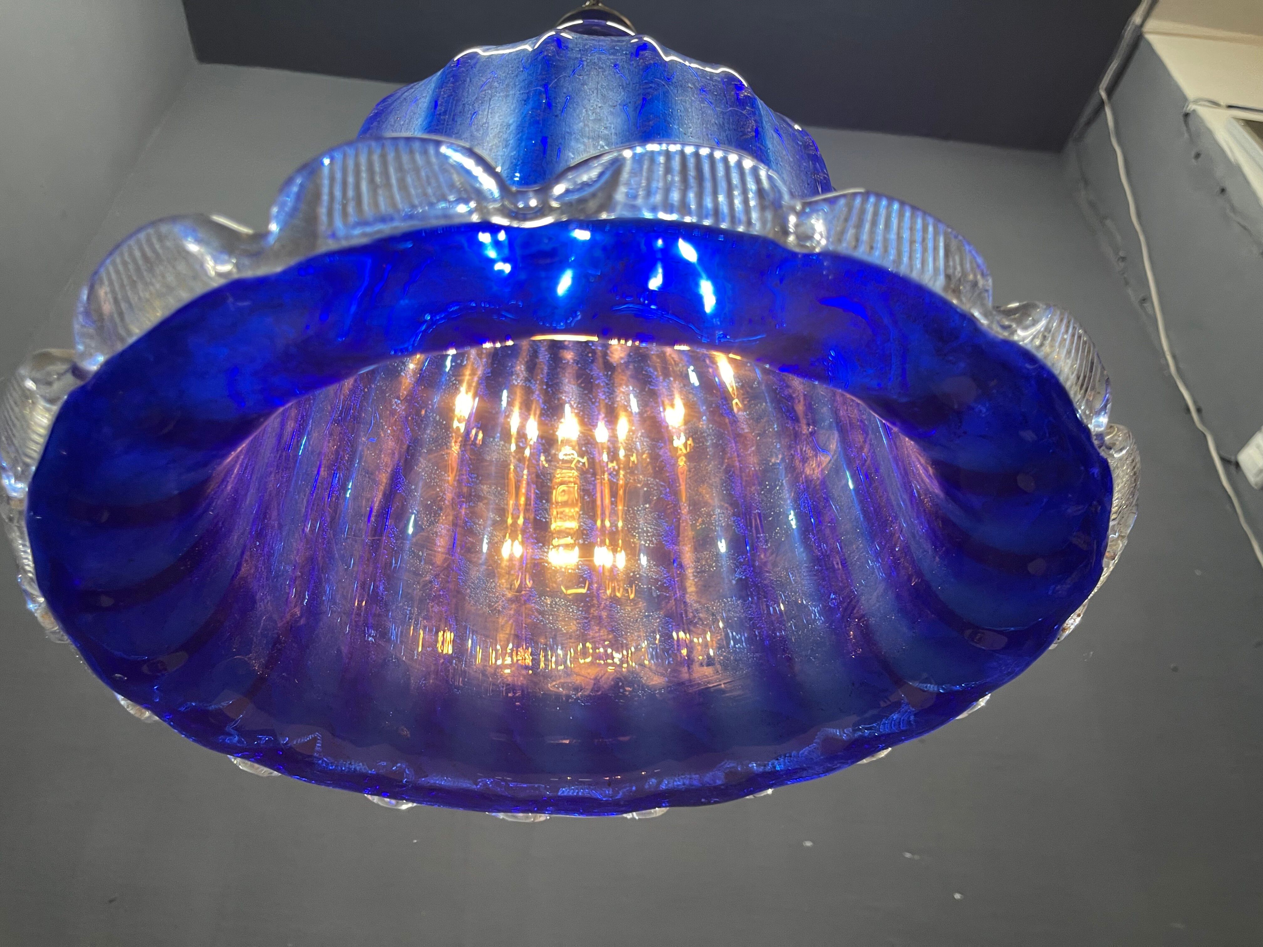 Lustre en verre de Murano bleu cobalt vintage, Italie, années 1980.