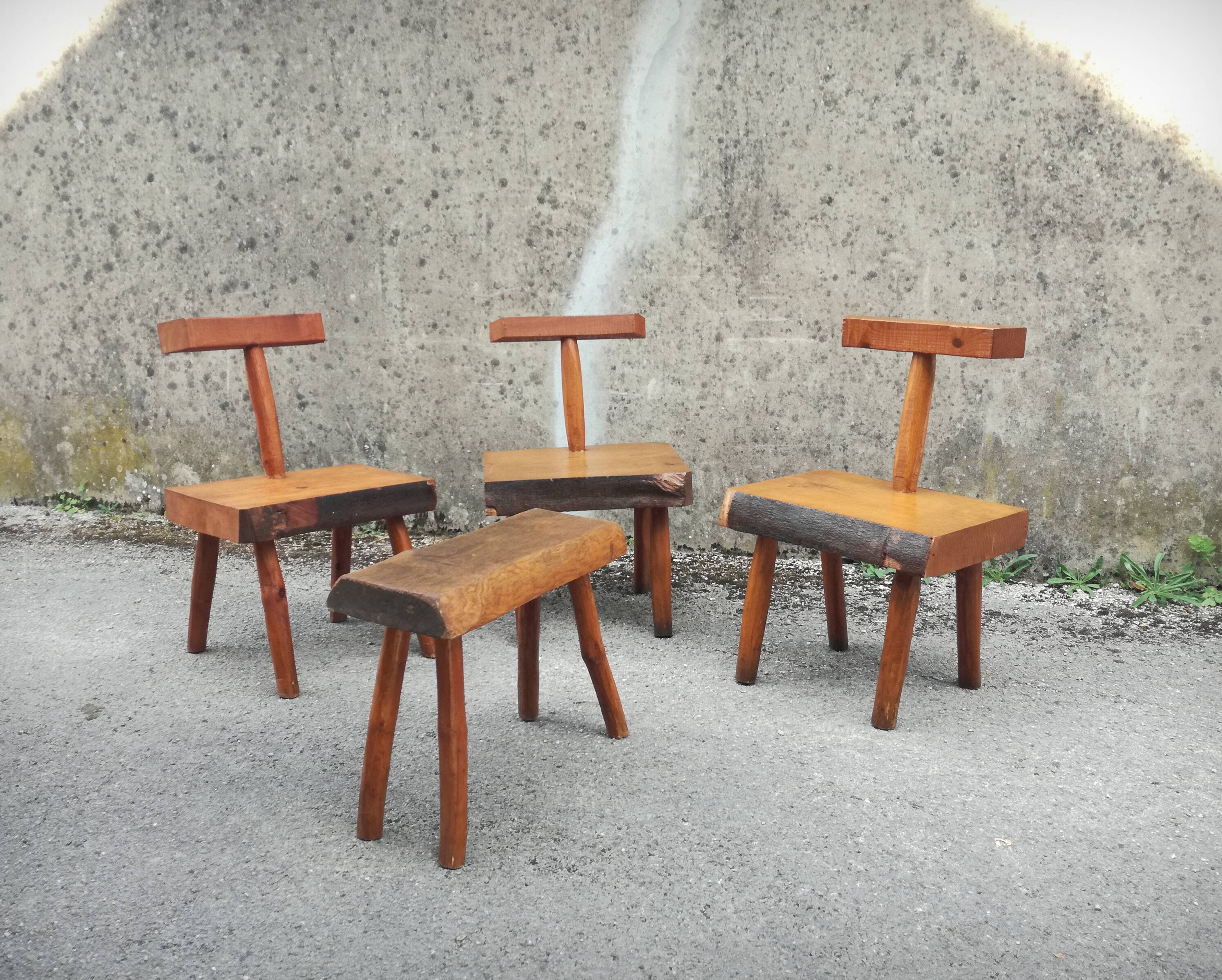 Brutalist handcrafted chairs, France, 1960s, set of 5