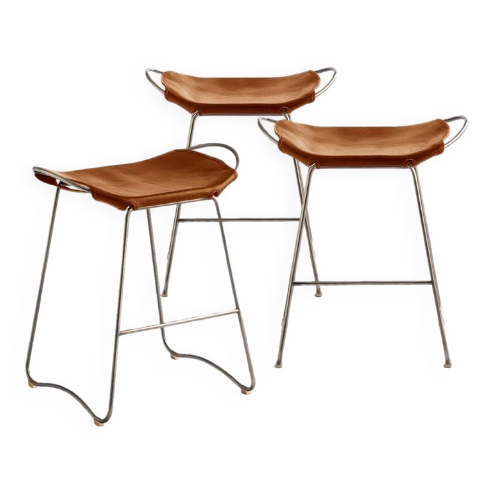 Set of 3 Contemporary Bar Stools, Aged Silver Metal and Cognac Leather