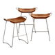 Set of 3 Contemporary Bar Stools, Aged Silver Metal and Cognac Leather