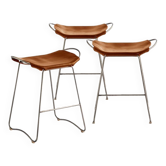 Set of 3 Contemporary Bar Stools, Aged Silver Metal and Cognac Leather