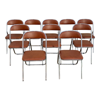10 chaises pliantes vintage skaï et métal chromé 1970