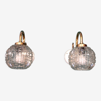 Pair of brass wall sconces, white porcelain and vintage transparent glass globes